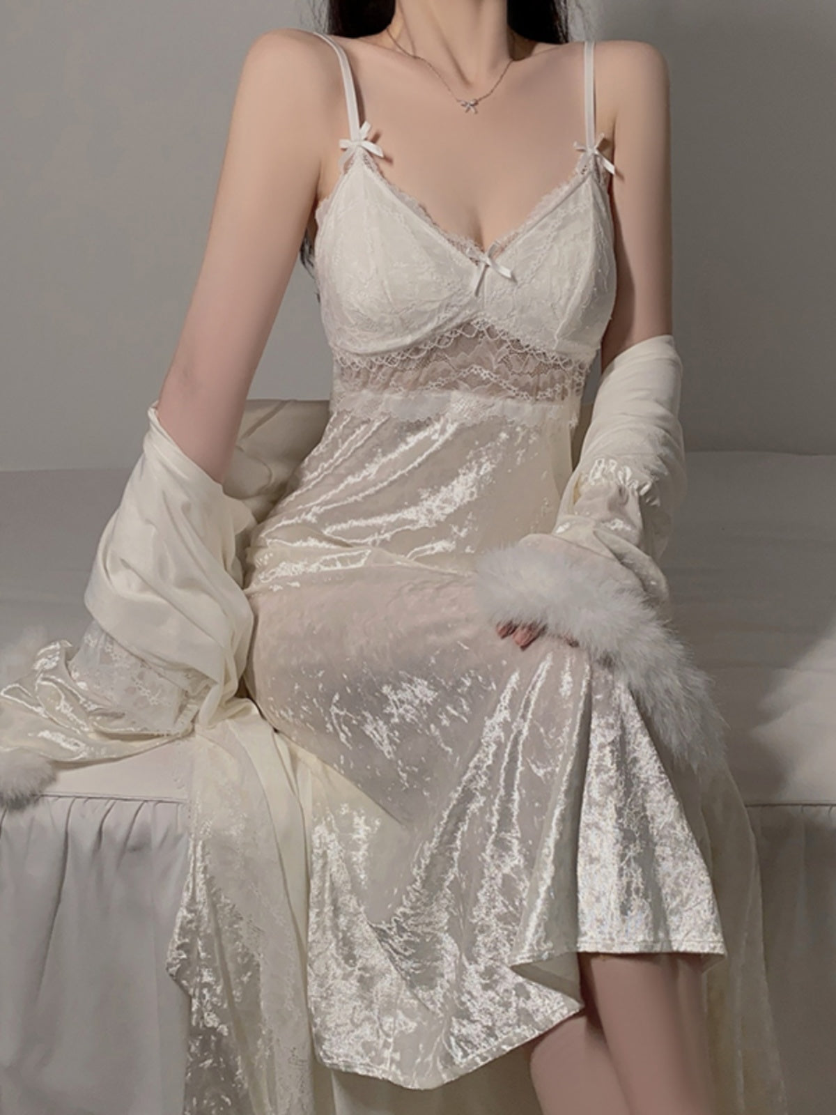 Luxurious White Lace & Satin Nightgown Set with Fur Trim