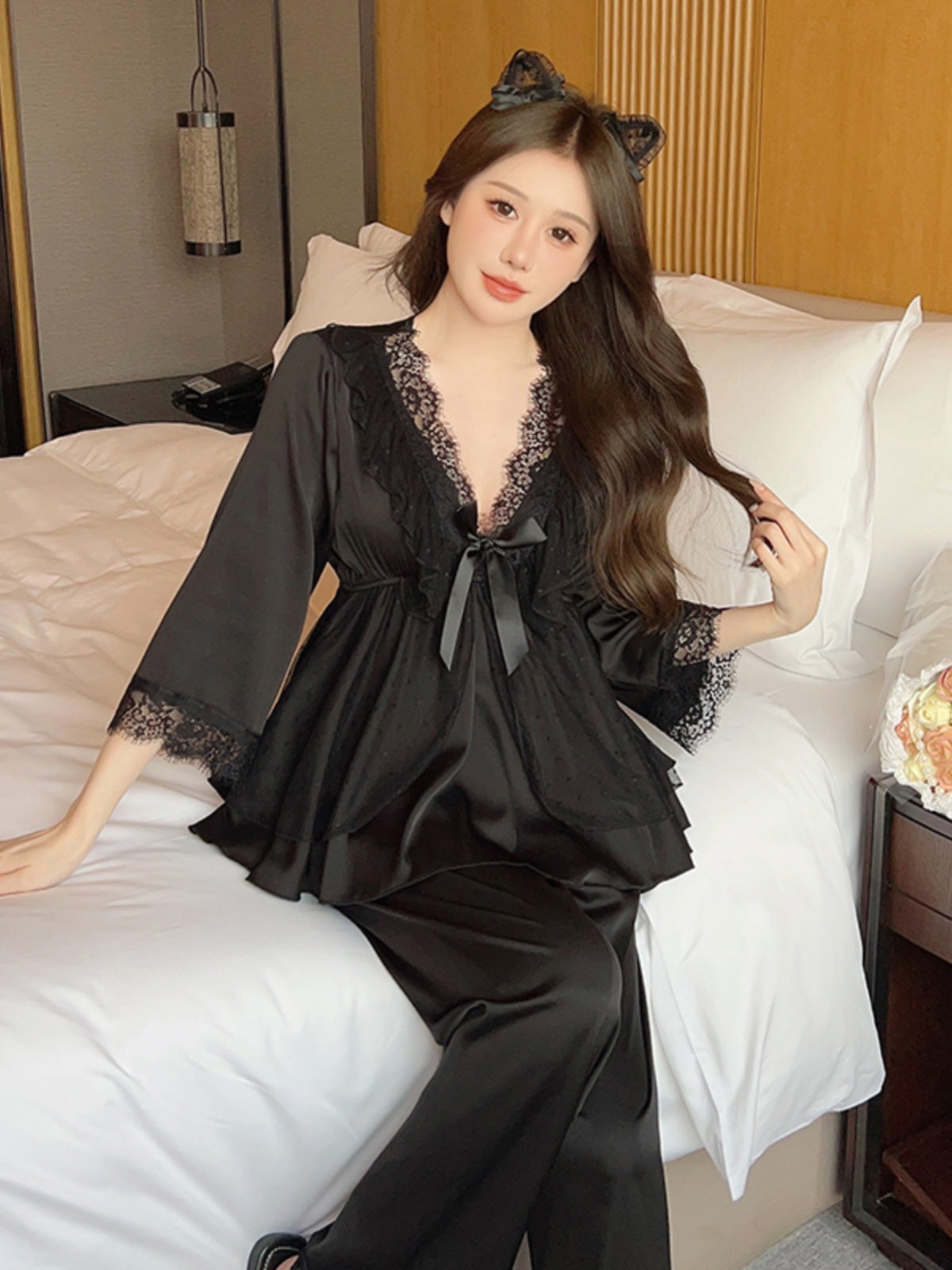 Elegant and Sweet: White Satin Pajama Set with Delicate Lace and Charming Bow Accents