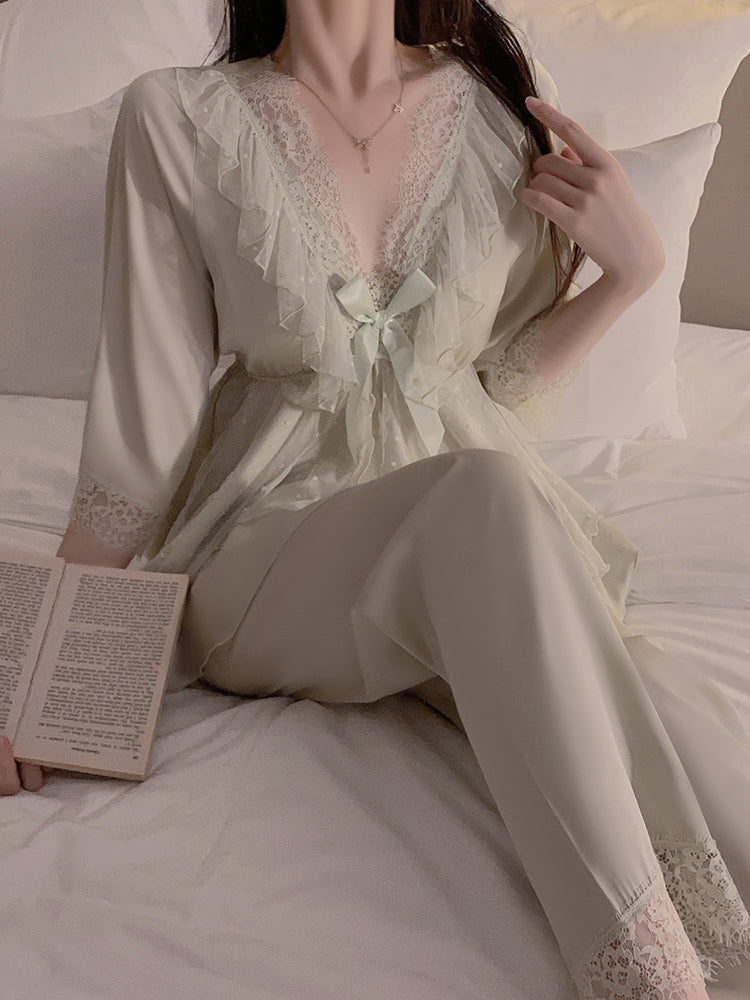 Romantic lace stitching  Light purple strappy V-neck pajama set