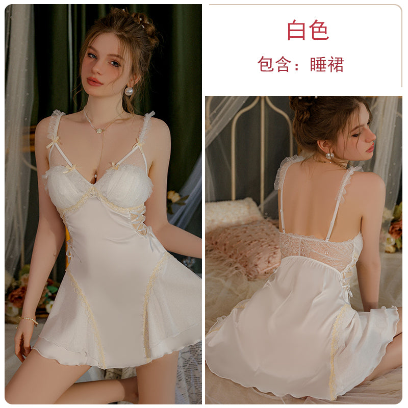 Enchanting Allure: Delicate Lilac Satin and Lace Strappy Babydoll Nightdress with Exquisite Details
