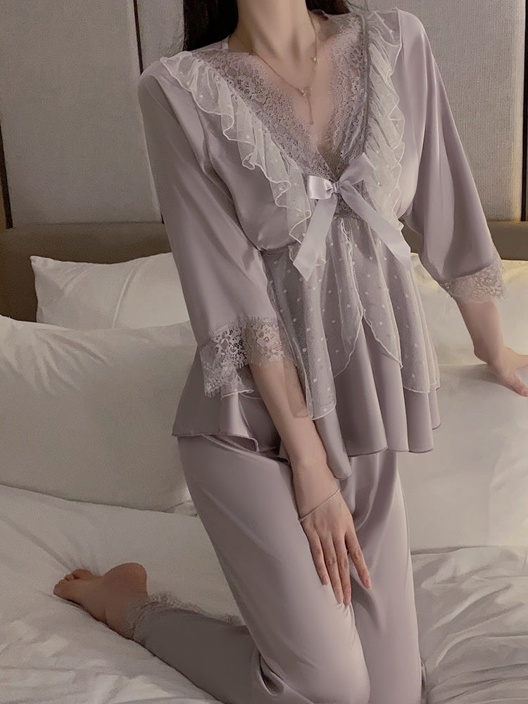 Romantic lace stitching  Light purple strappy V-neck pajama set