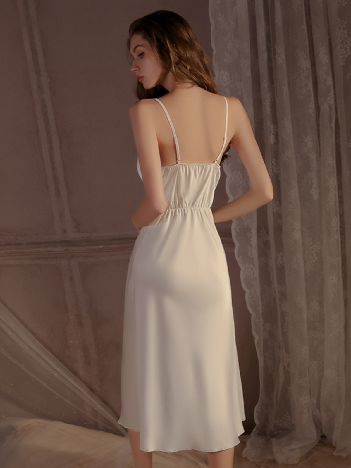 Enchanting and Seductive  Emerald Green Satin Nightdress with Delicate Lace Inserts and Side - Split Bow Detail