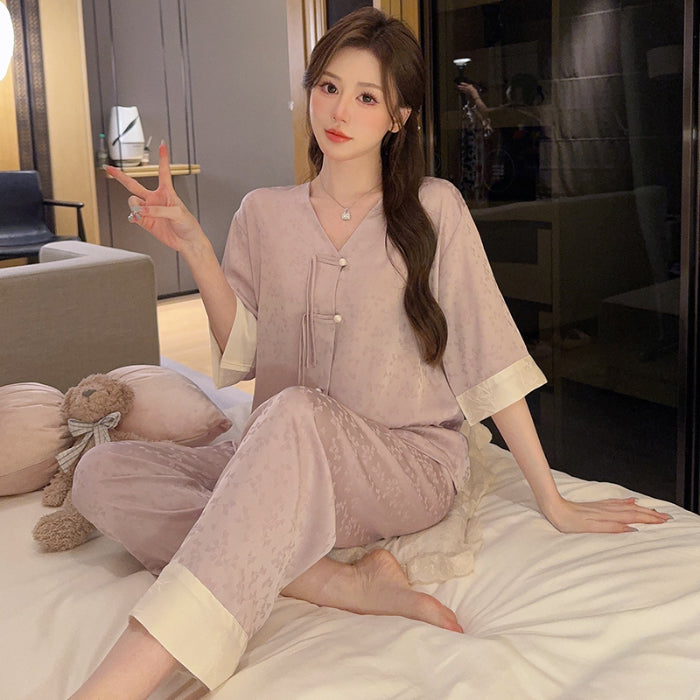 Chic and Comfy: Light Purple Chinese - Style Embroidered Satin Pajama Set with Contrast Trim
