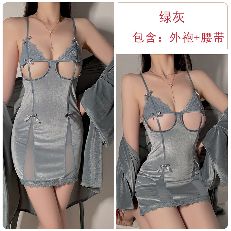 Exquisitely Tempting: Black Velvet Lingerie Dress with Mesh Inserts and Bow Embellishments, Paired with a Luxurious Lace - Cuffed Robe Sexy Pajamas