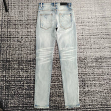 Load image into Gallery viewer, am fashion brand new washed damaged leather splicing slim fit micro-elastic jeans
