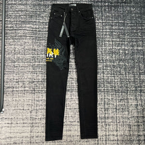 Trendy brand am new style washed, distressed, embroidered, rhinestoned, micro-elastic, slim-fitting jeans, American style