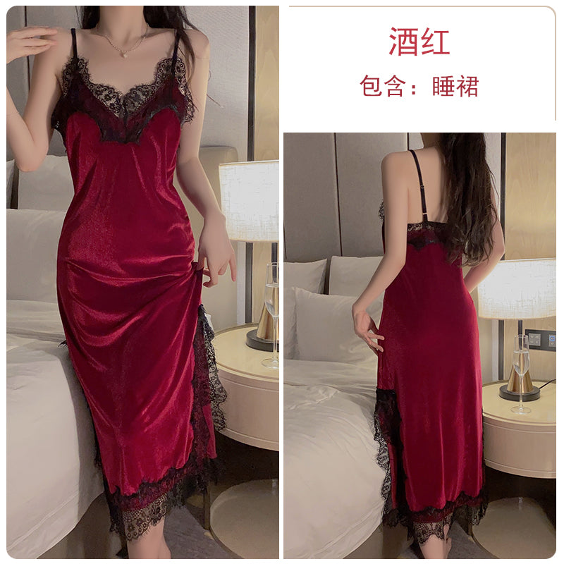 Glamorous Black Velvet Cami Nightgown with Exquisite Lace Detailing and Matching Robe - Ideal for Elegant Relaxation