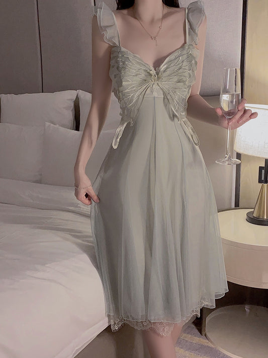 High-end pajamas, feminine bow, lace splicing, mesh, mid-length suspender nightgown, home wear, spring and summer