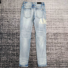 Load image into Gallery viewer, am fashion brand new washed damaged leather splicing slim fit micro-elastic jeans
