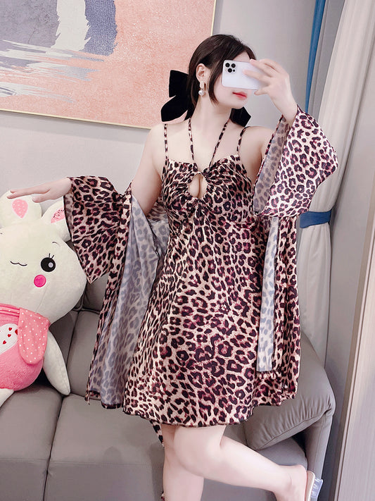 Leopard print pajamas for women plus size fat mm pure lust style sexy straps halterneck suspenders nightgown nightgown home wear two-piece set