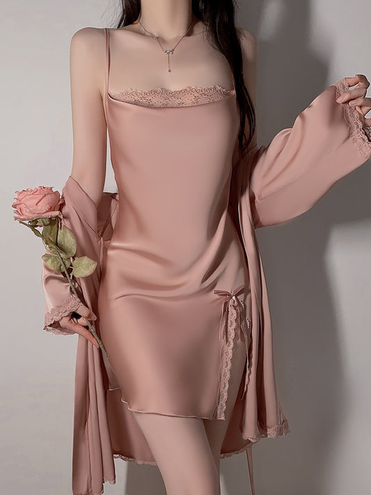 Sexy slit double-layer swing collar lace pajamas women summer French simple outer robe ice silk suspenders nightdress home clothes