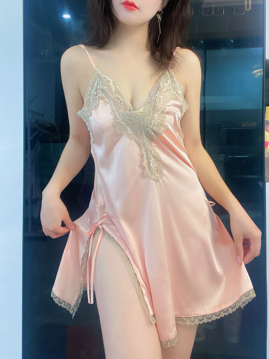 Fat mm loose ice silk pajamas for women plus size summer thin fat sister sexy hot lace v-neck suspender nightgown sexy underwear